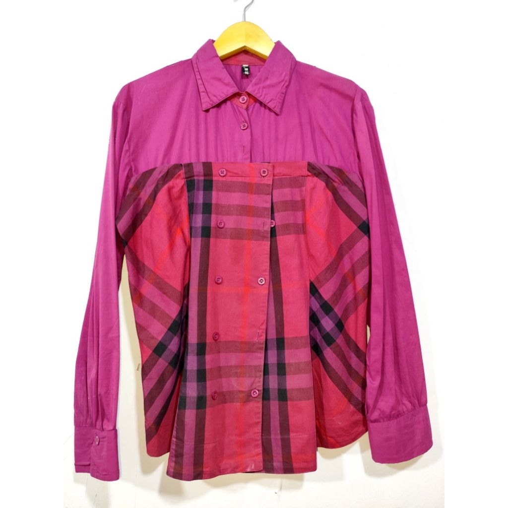 atasan kemeja blouse wanita lengan panjang kotak ungu