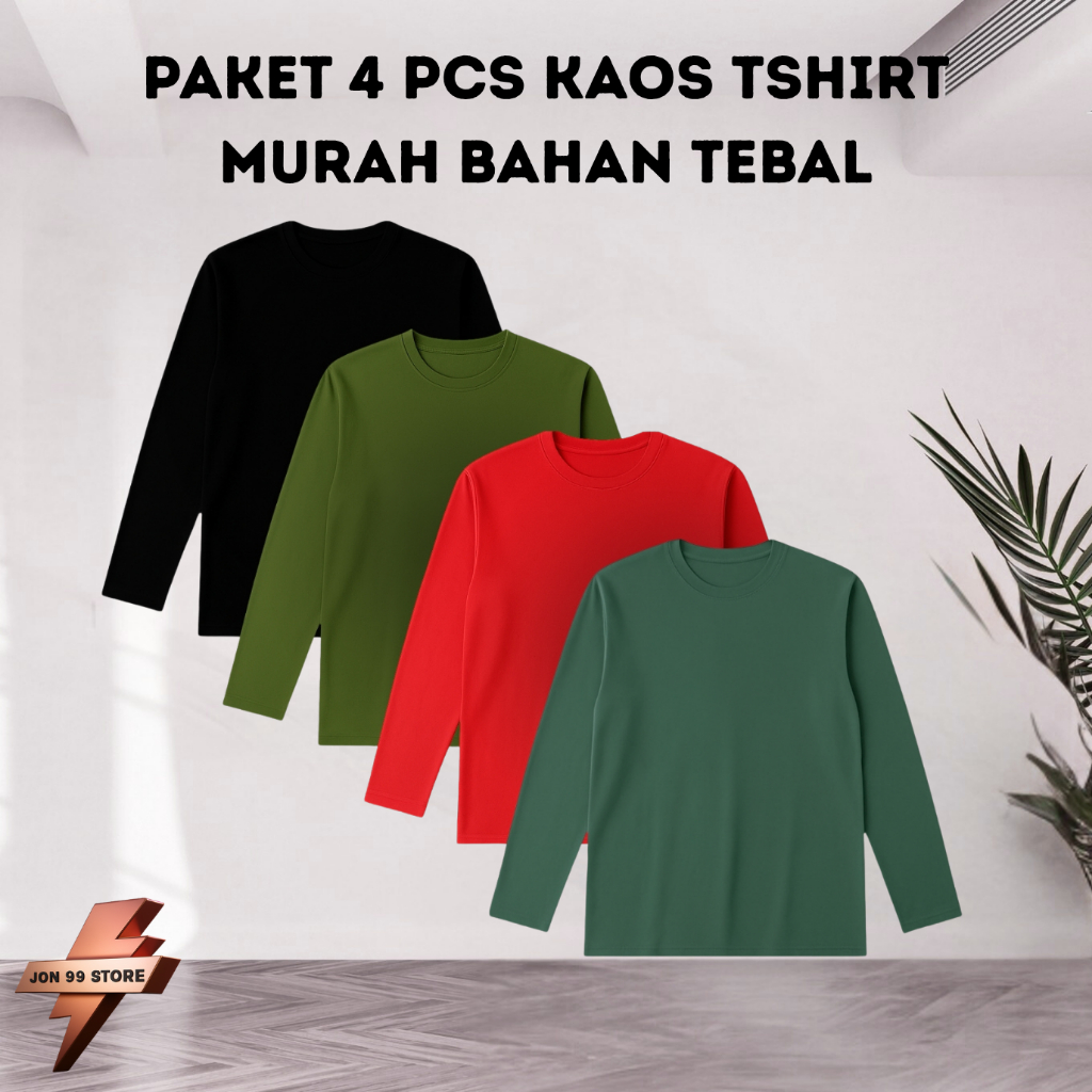 Paket 4 PCS Kaos Polos Premium Panjang / Tshirt Pria Wanita Long Sleeve Solid cotton 24s