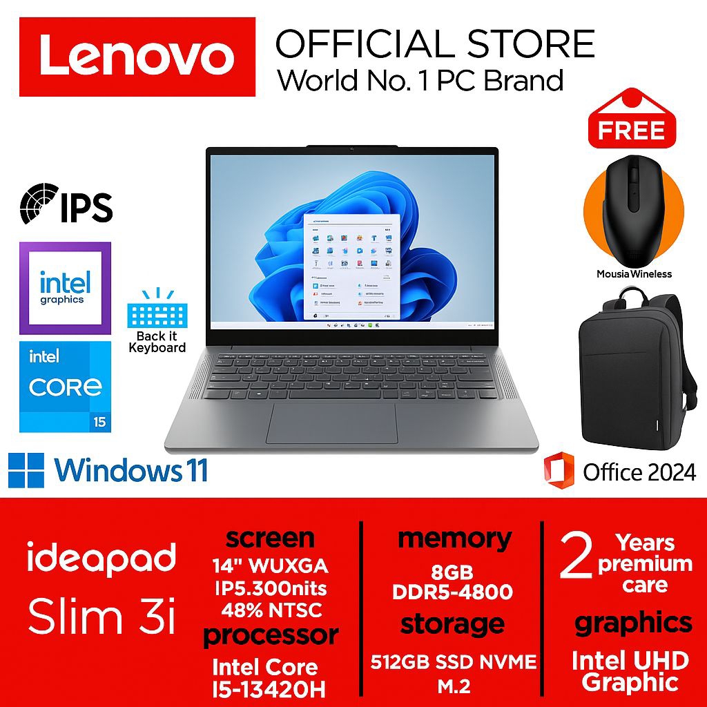 Lenovo Ideapad Slim 3i i5-13420H 512GB SSD 8GB WUXGA IPS Win11+OHS

