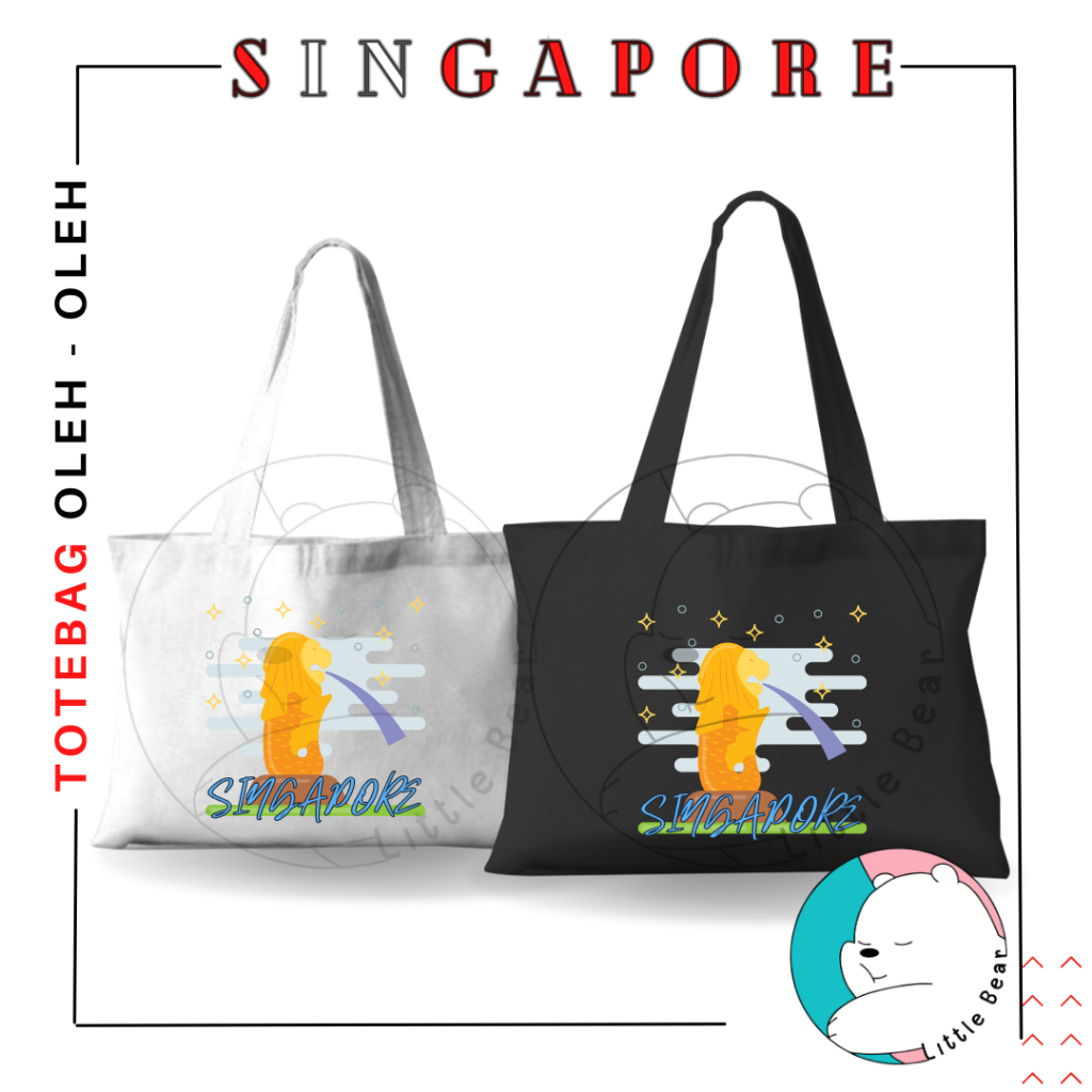 Littlebear Totebag Singapura Tas Tote Bag Souvenir Oleh Oleh Singapore Unisex Wanita Blacu Premium d