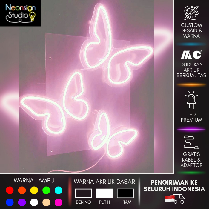 Neon Sign Kupu Kupu Timbul | Butterfly Neon Sign 3D | 3D Neon Sign Butterfly | Lampu Neon Kupu Kupu 