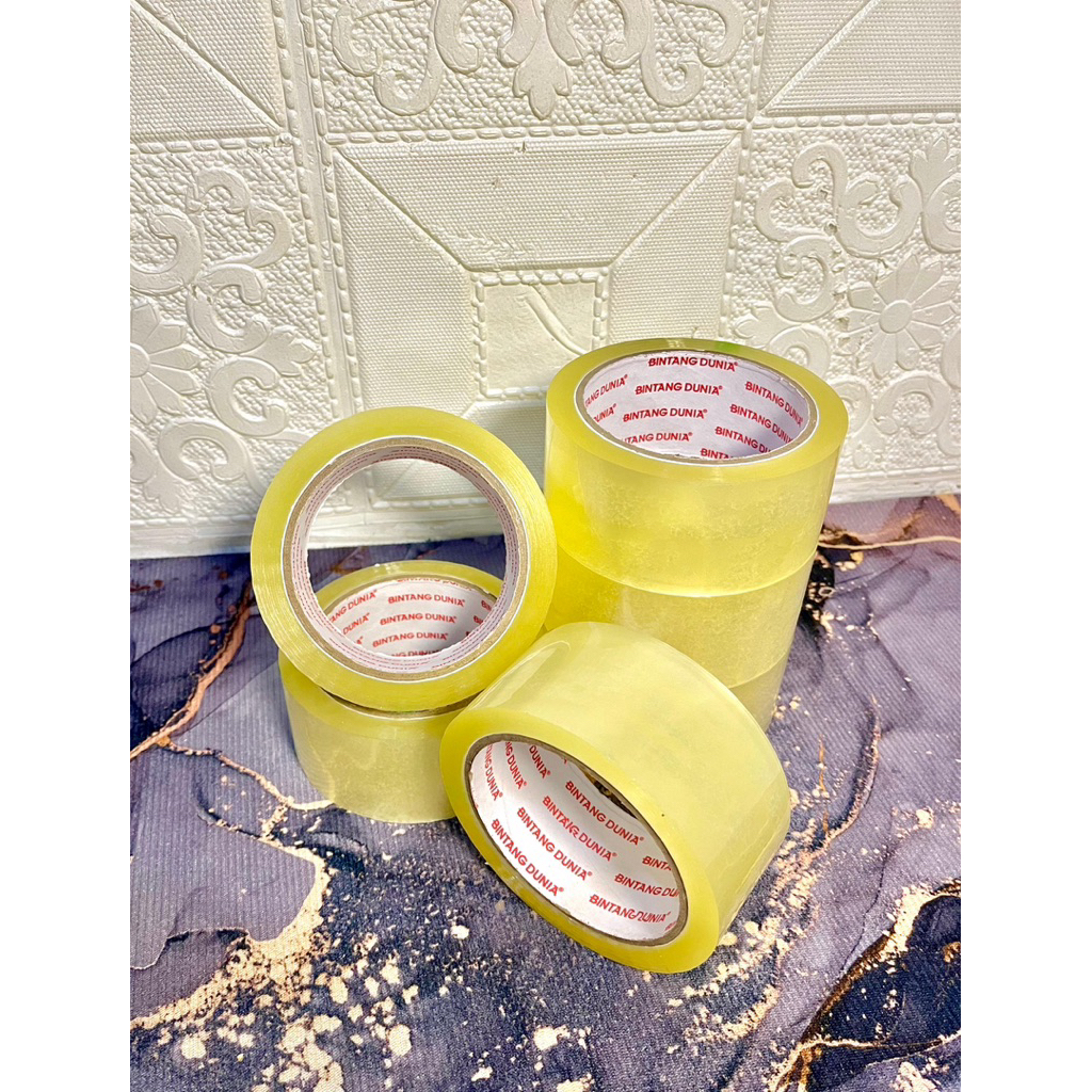 

LAKBAN BINTANG DUNIA , 45MM×90 YARD ECO 1 Slop isi 6 pcs lakban packing ,Lakban kardus, Packing barang