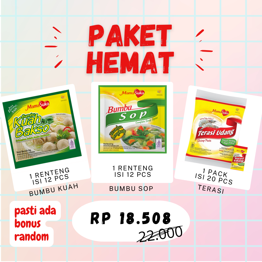 

Bundling Hemat Mamasuka – Kuah Bakso + Bumbu Sop + Terasi Sachet Isi Banyak