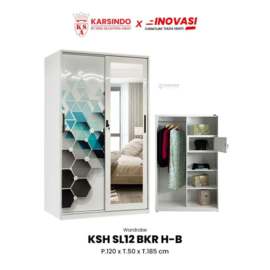Lemari Pakaian Plat Besi 3 Pintu Sliding Gamis Gantungan Tinggi Import SL12 BKR