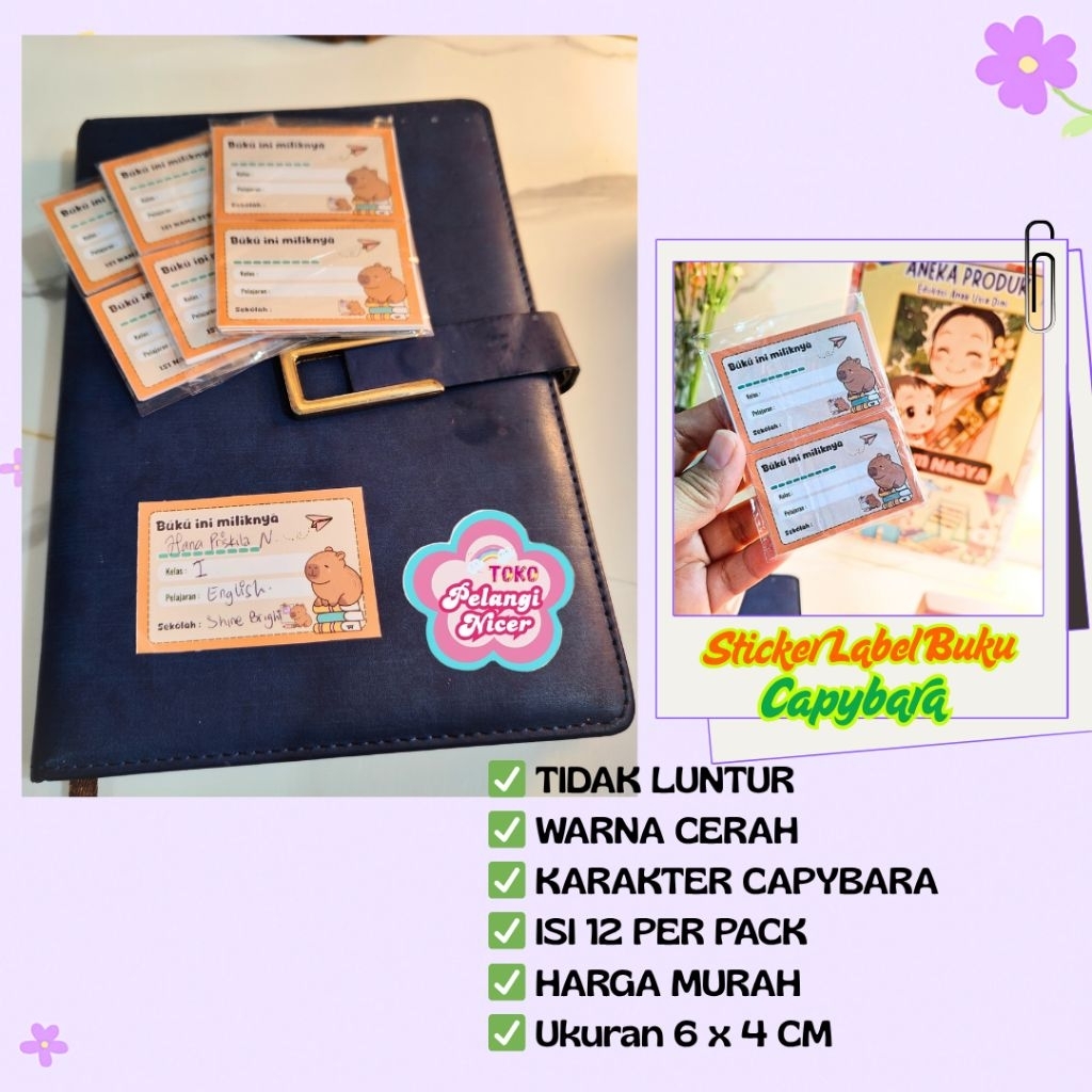

1 Pak Stiker Label Nama Buku Capybara Lucu ISI 12–Sticker Buku Capibara Anti Luntur -Sticker Kapibara