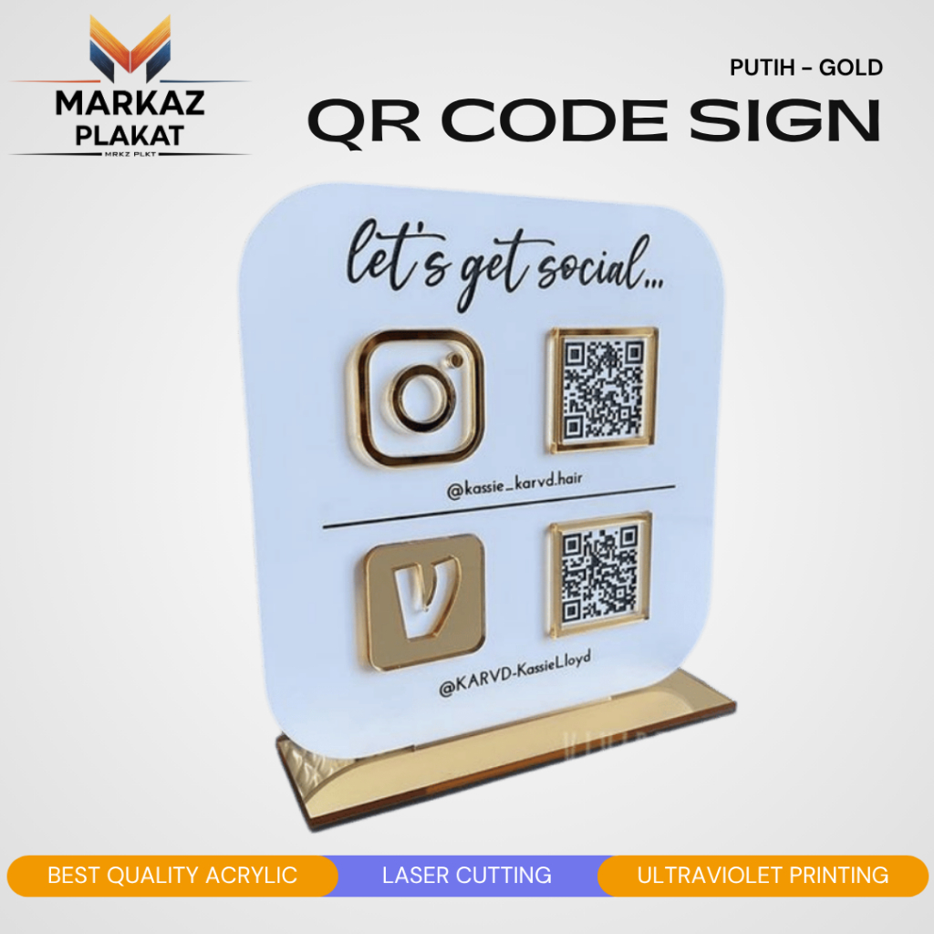 Akrilik QR Code Sign PUTIH - GOLD /Social Media Business Sign Acrylic  /QR Code Sign Akrilik Premium