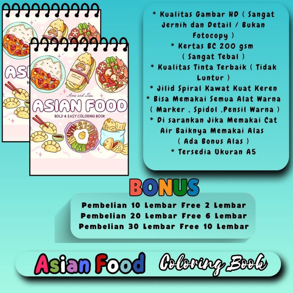 

Buku Mewarnai Tema ASIAN Food Bold & Easy Coloring Book Premium Murah Kualitas Gambar HD Jernih Kertas Tebal 200 gsm