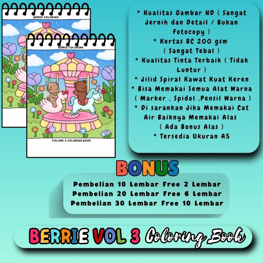 

BERRIE VOL 3 Coloring Book Buku Mewarnai Super Cute Aesthetic Kualitas Gambar HD Jernih Kertas 200 gsm Premium Tebal Jilid Spiral Kawat Kuat