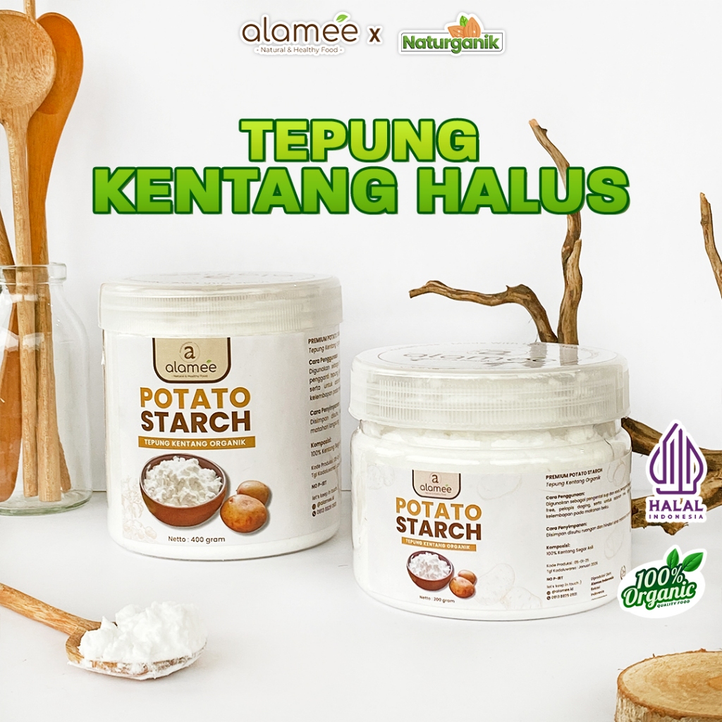 

ALAMEE Tepung Kentang Halus Potato Starch Tepung Kue PREMIUM Mashed Long Potato Powder 400gr Naturganik