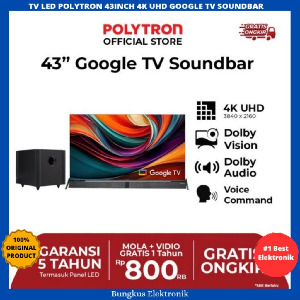 TV LED POLYTRON 43INCH 4K UHD 43BUG GOOGLE SOUNDBAR TV POLYTRON 43INCH GOOGLE TV