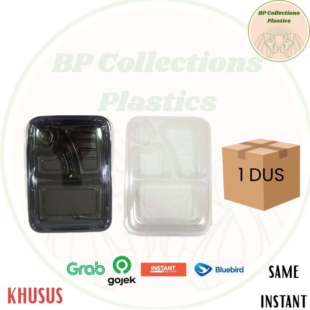 1 DUS 400 pcs MIKA BENTO SEKAT 4 KOTAK TRAY BOX HITAM PUTIH TEBAL KOTAK NASI THINWALL BENTO GOJEK