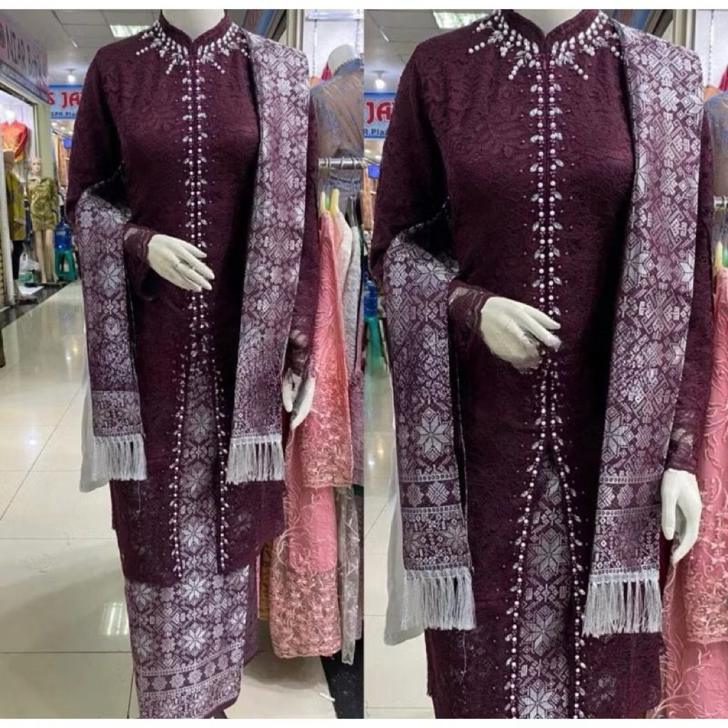 Kebaya Hanna Brukat Set Rok Songket Selendang Modern Busui Friendly Seragaman Keluarga Pesta Pernika