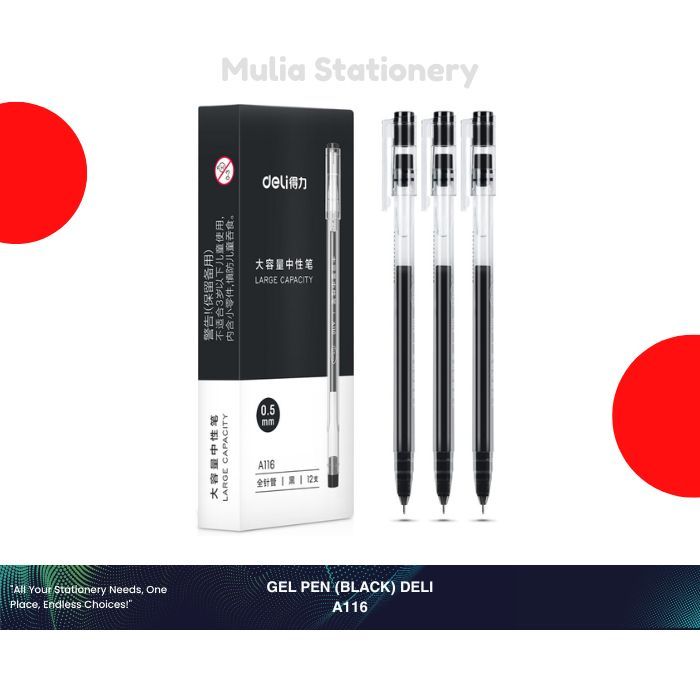 

(1 Kotak isi 12 pcs) Gel Pen (Black Ink) A116 Deli | Gel Pen 0,5 mm | Pena Sekolah | Alat Tulis Sekolah