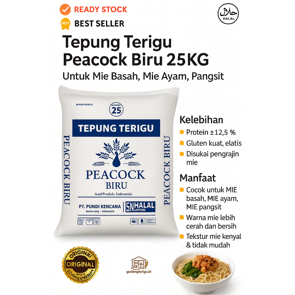 

Tepung Terigu Protein Tinggi Peacock Biru 25KG – Untuk Mie Basah, Mie Ayam, Pangsit