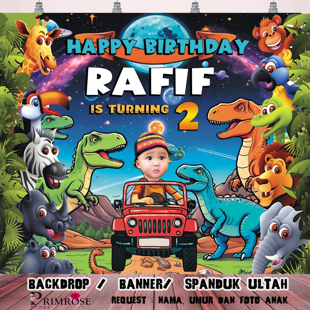 spanduk ulang tahun spanduk birthday dinosaurus jurassic banner jungle hewan hutan animals