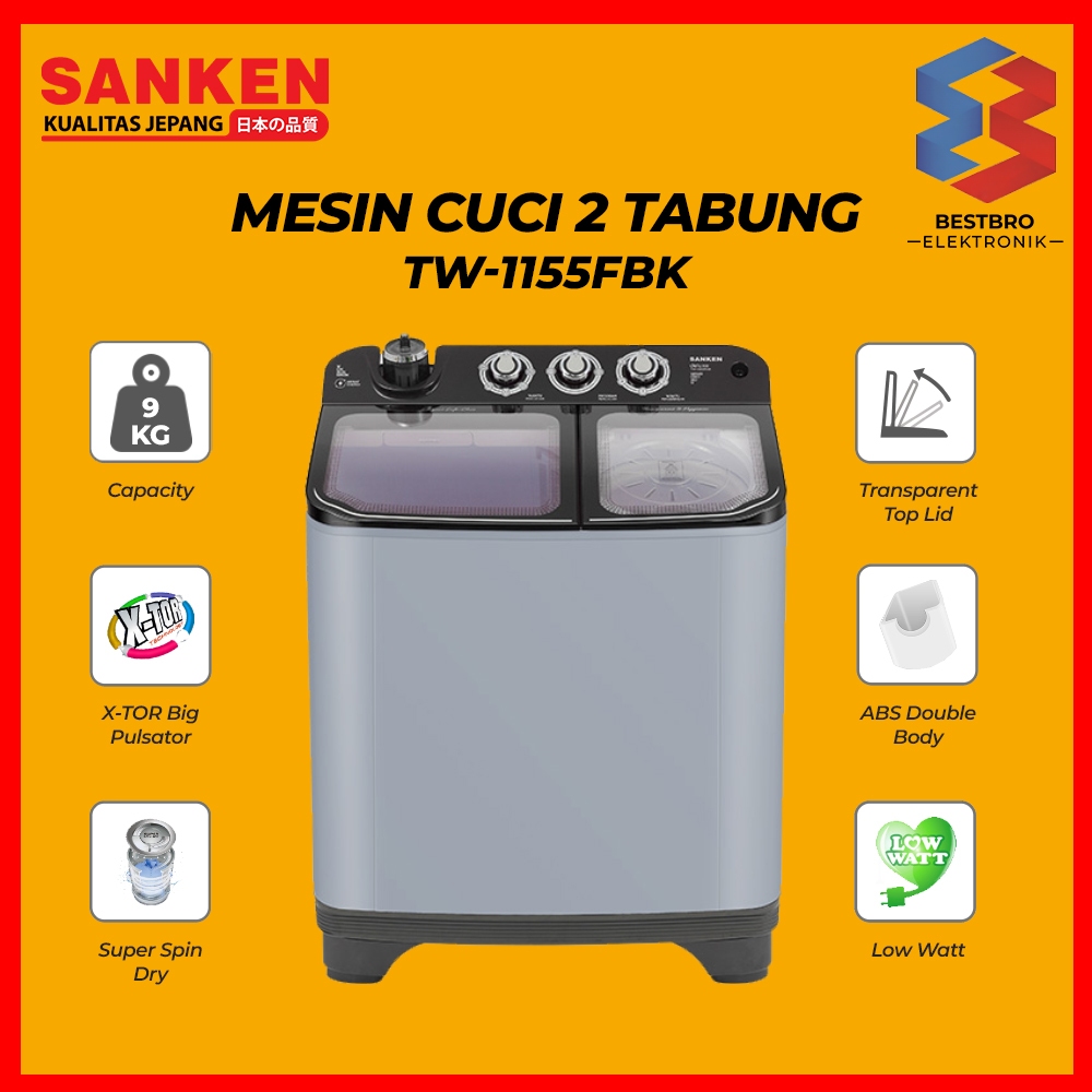 Sanken Mesin Cuci 2 Dua Tabung 11kg TW-1155FBK Deluxe Series