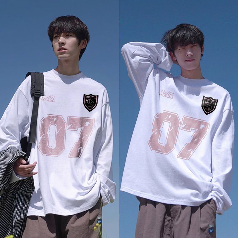 PUERTO Kaos Pria Lengan Panjang Premium Pink No. 07 Amerika Baju Oversize Pria Retro T-shirt Atasan/