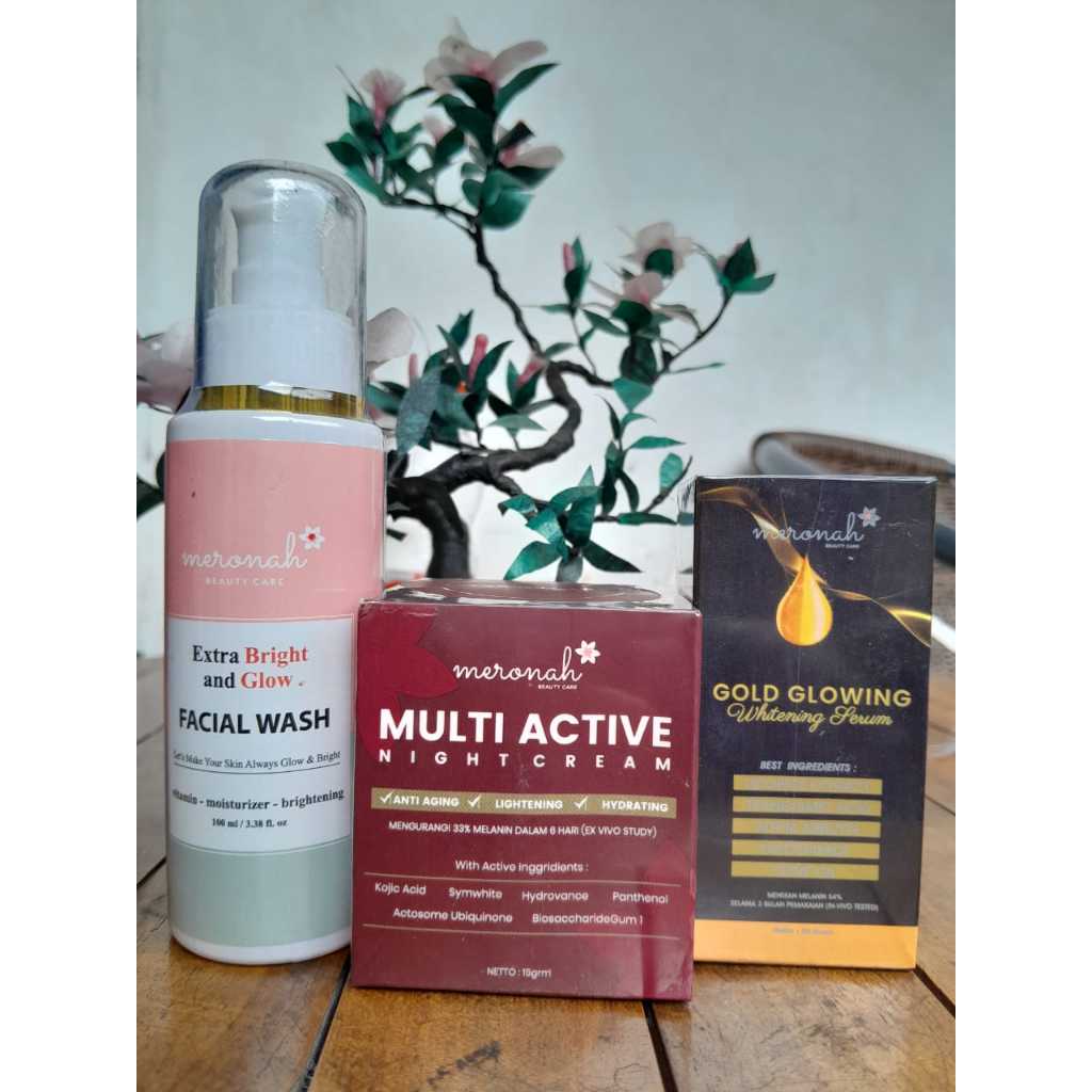 Paket Meronah> Sabun Extra Bright+Multiactive Night Cream+Serum Gold Glowing ORIGINAL BPOM