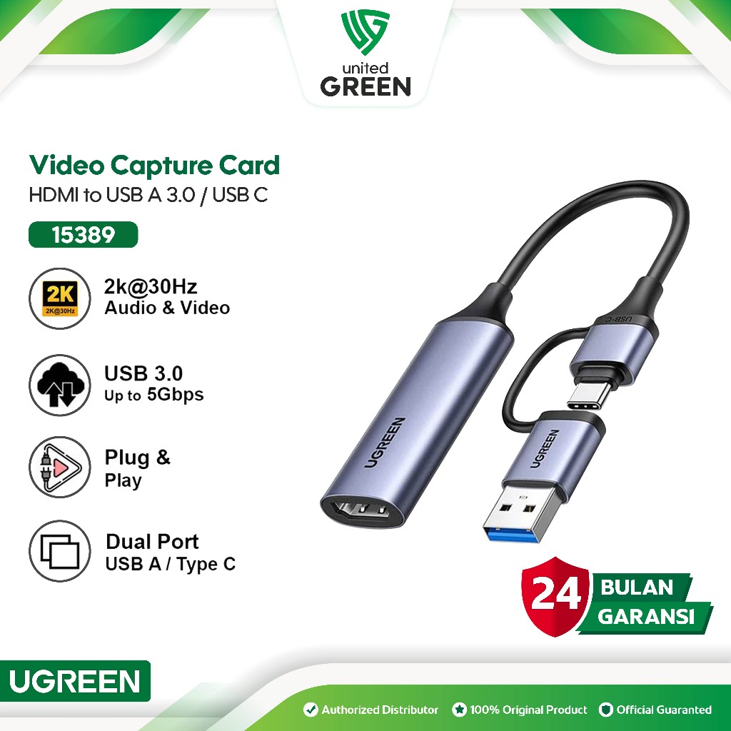 UGREEN 15389 Video Capture Card 2 in 1 HDMI to USB 2.0 / Type C Full HD 2K 1080P 30Hz for Live Strea