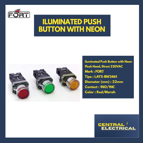 FORT Iluminated Push Button Flush Head (LAY5 Series) 3 warna merk FORT tipe LAY5-BW3361 / LAY5-BW346