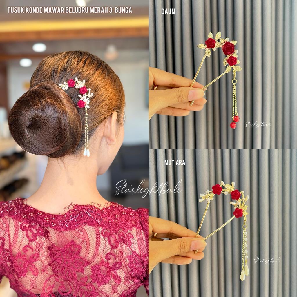 STARLIGHT BALI - Tusuk Konde Mawar Beludru Merah 3 Bunga / Konde Mawar / Konde Sanggul / Aksesoris R
