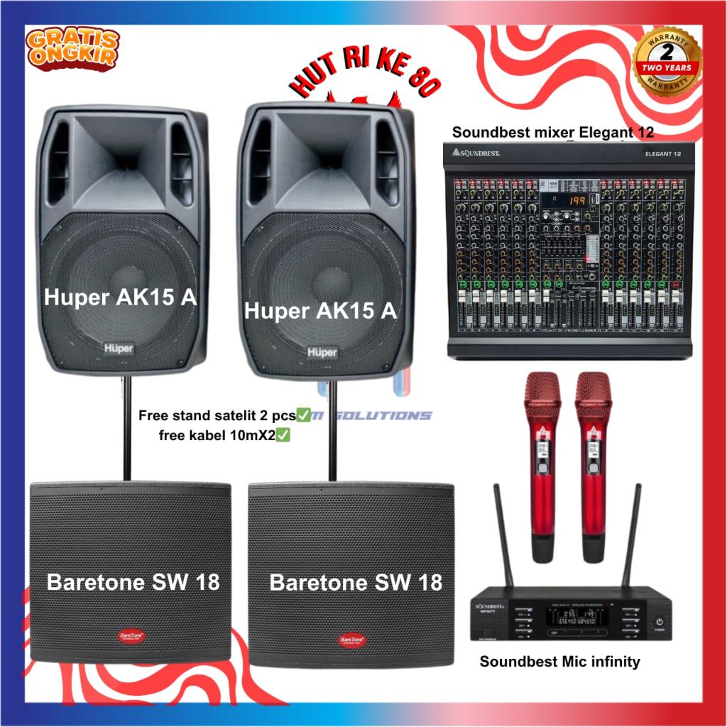 Paket Sound Sistem Hajatan Speaker Aktif Huper AK15 Mixer elegant 12 sw15 mic infinity ORI GARANSI R