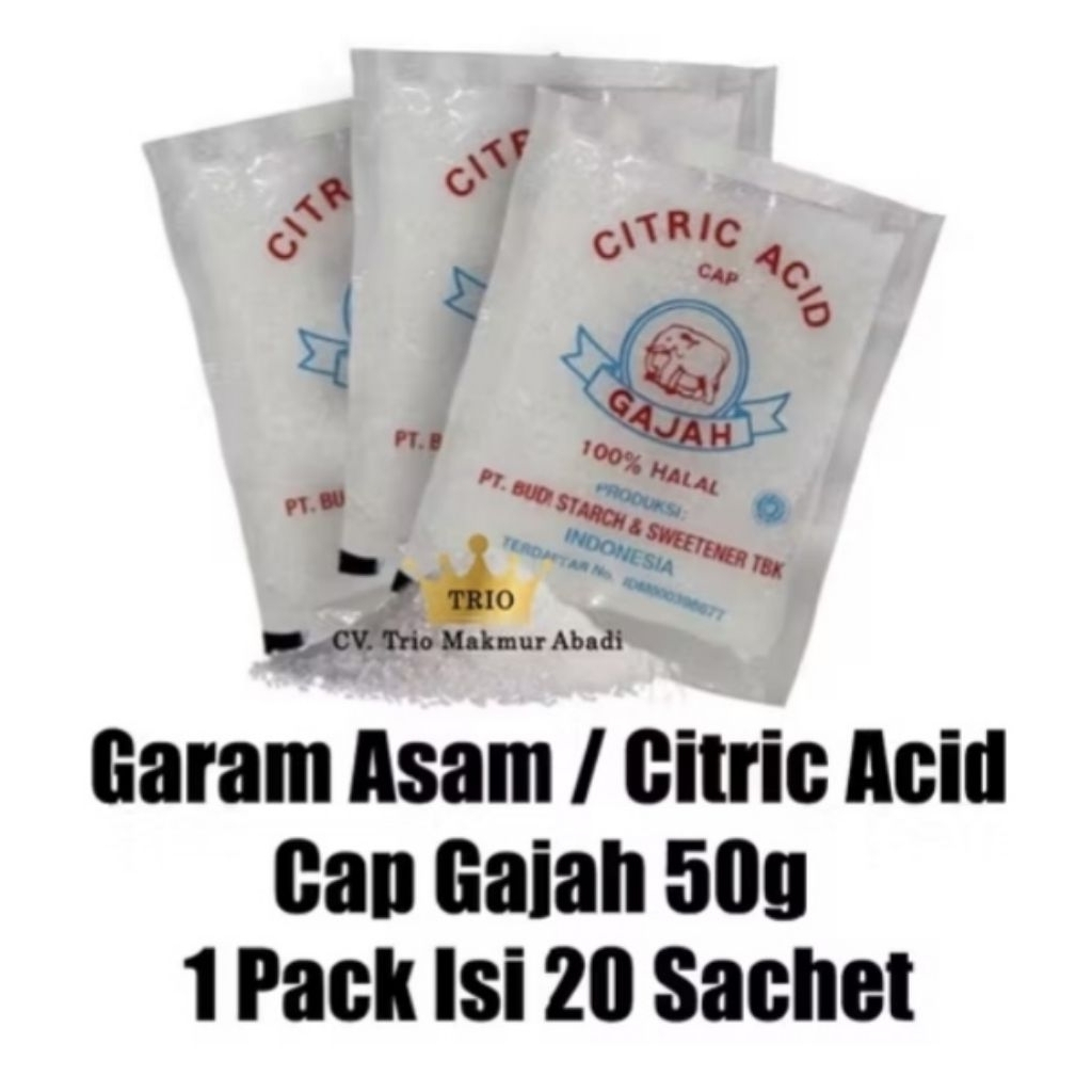 

Garam asam/citric acid Gajah 50gr 1pak isi 20pcs (ecer 3rb)