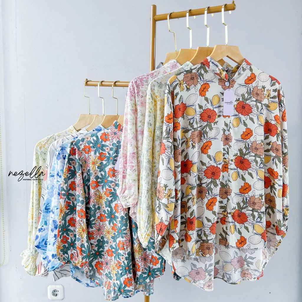 NEZELLA Kemeja Oversize Motif Kemeja Rayon Blouse Rayon Atasan Bunga Atasan Flower Atasan  Kemeja Ad