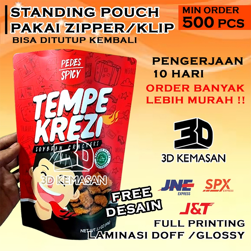 Cetak 500 Pcs - Kemasan Standing Pouch Custom Pakai Ziplock/Klip Desain Printing Plastik Makanan