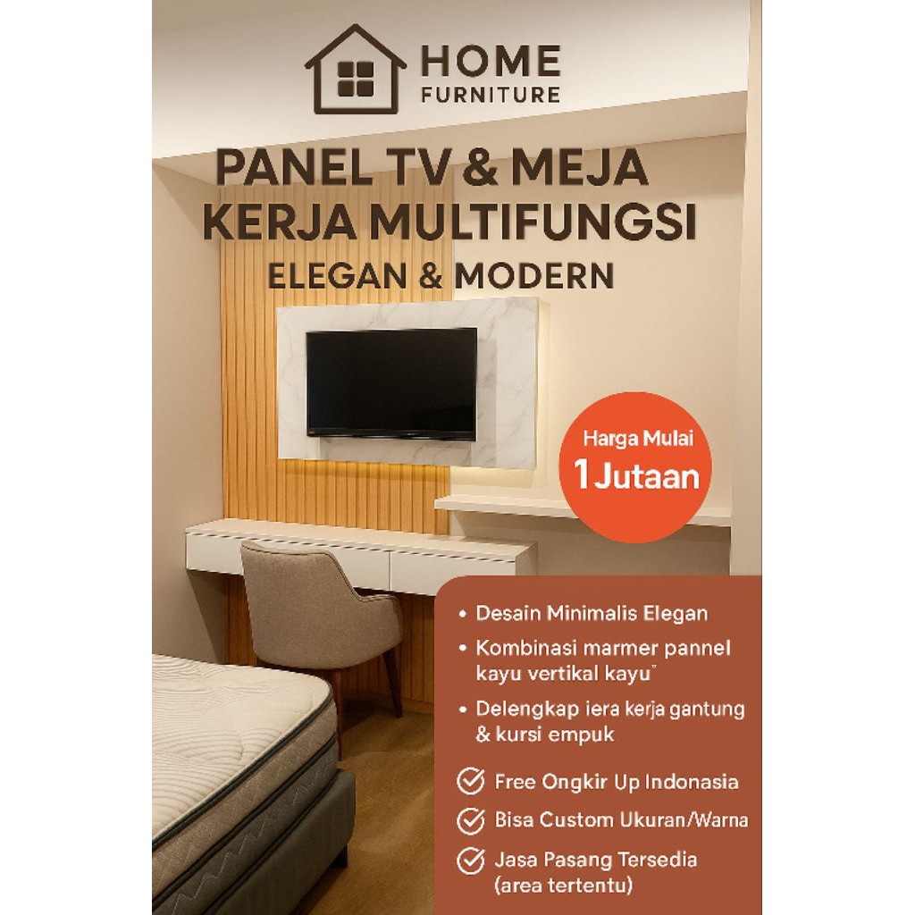 meja kerja plus bagdrop tv plus ambalan