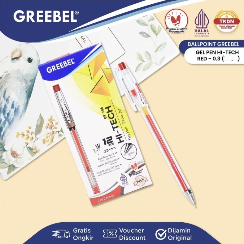 

Greebel Gel Pen GP-506 Hi-Tech 0.3 Red (12 pcs) / Pulpen Gel 0.3 mm Hi-Tech Greebel