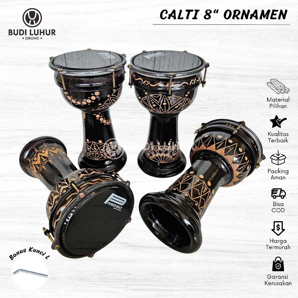 Calti Darbuka Dumbuk Pinggang 8 inch Ukir Hitam Mika Power Beat Alat Musik Marawis Hadroh Rebana