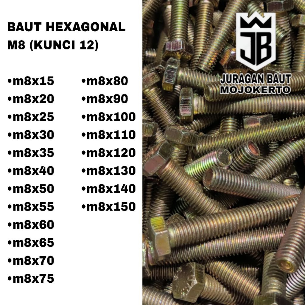 Baut Hexagonal m8 (kunci 12) panjang 15mm s/d 150mm