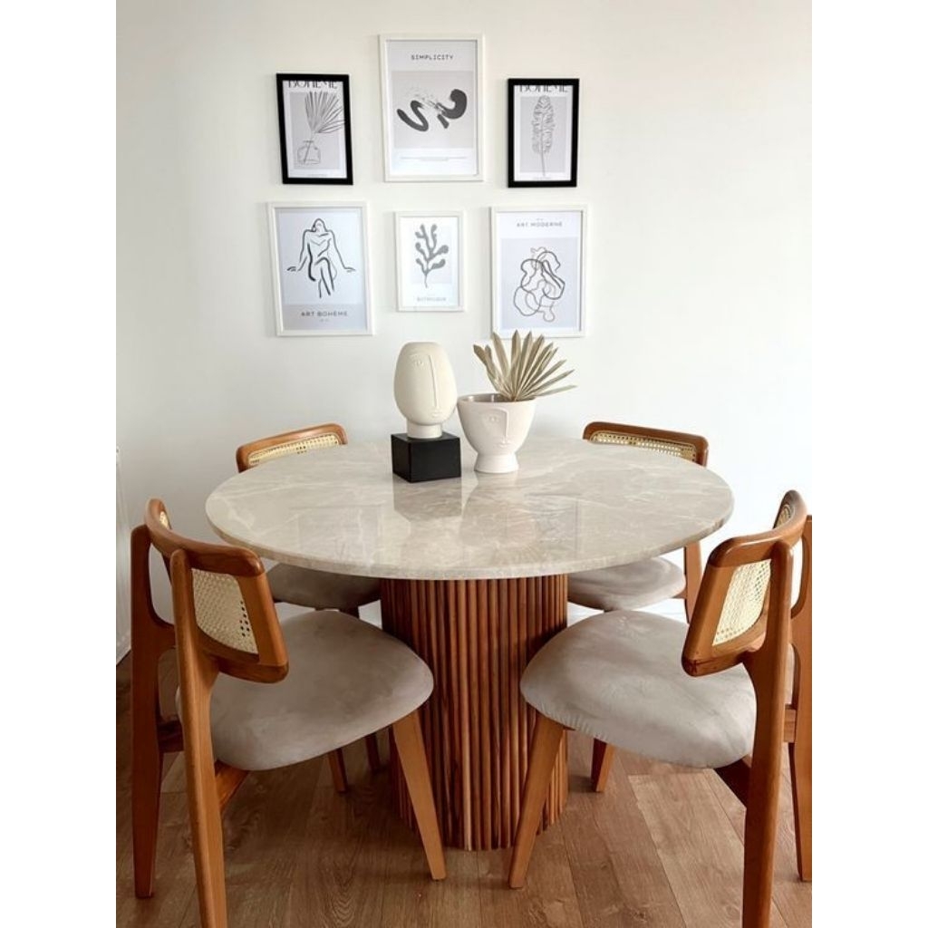 Set Meja Makan Bundar Kursi Kacang Meja Makan Marmer Bundar Marmer Cream dan Carara