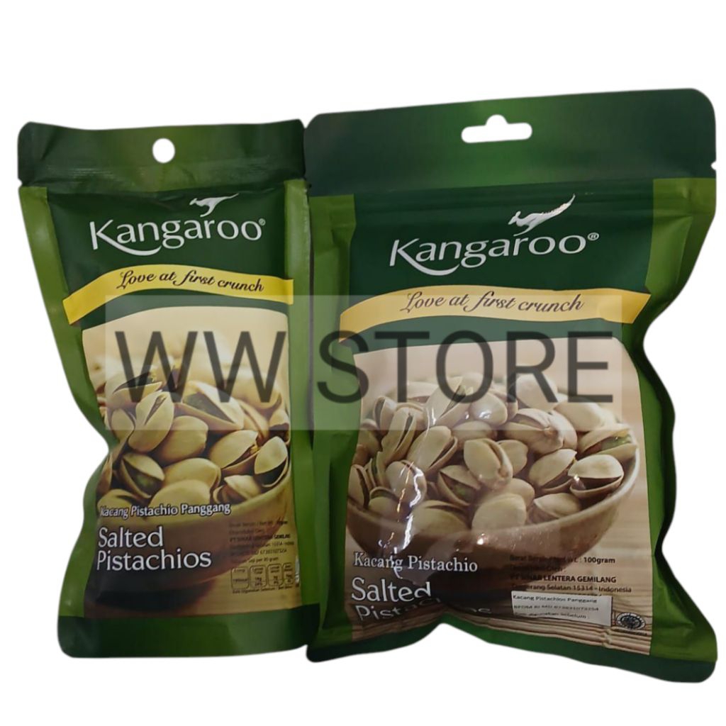 

Cemilan snek makanan ringan kacang pistachio panggang rasa asin halal MUI Kangaroo Salted Pistachios 70g 100g