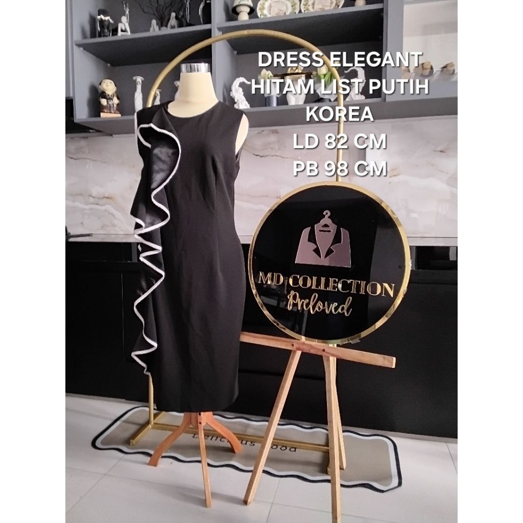 DRESS ELEGANT MEWAH RAMPER HITAM LIST PUTIH KOREA ( PREMIUM)