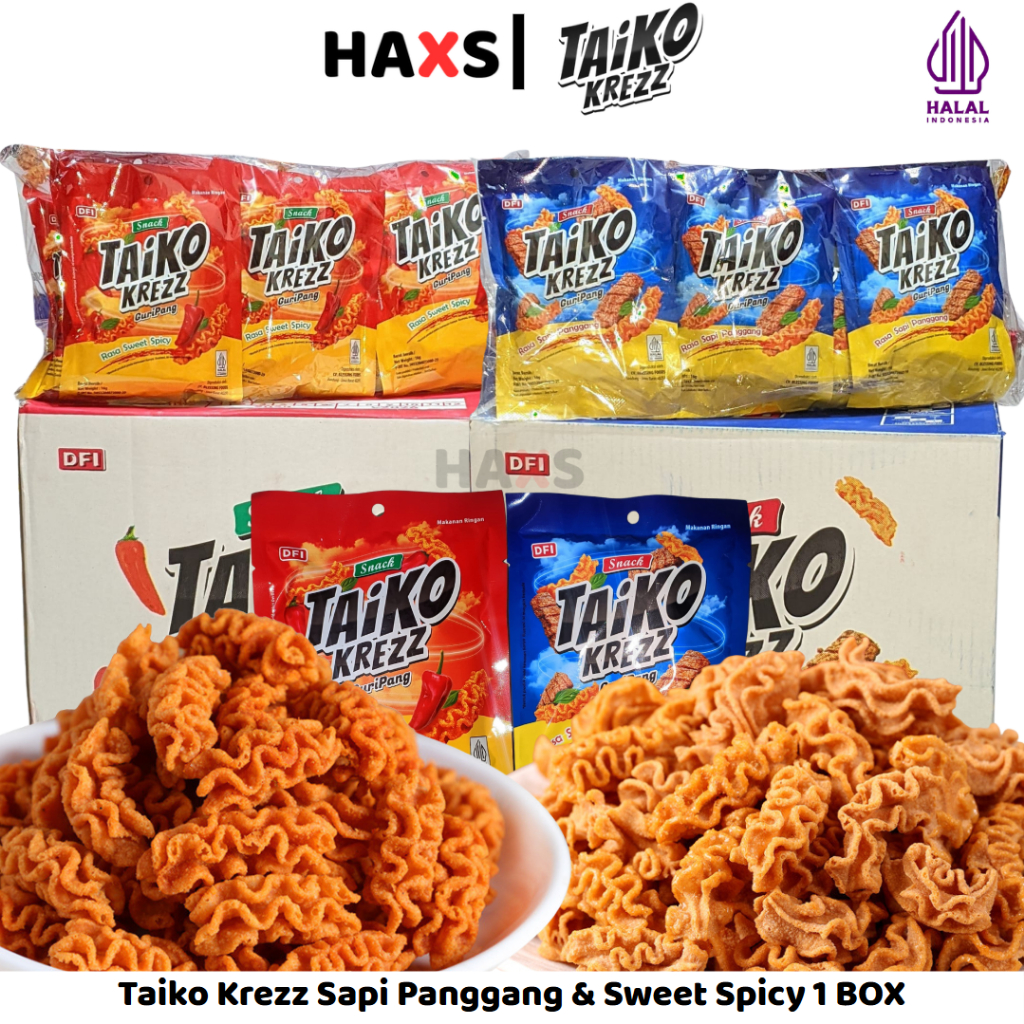

TAIKO KREZZ GURIPANG 1 BOX – Snack Viral Isi 100 PCS Mix Rasa (Sapi Panggang & Sweet Spicy) | Camilan Renyah & Gurih!
