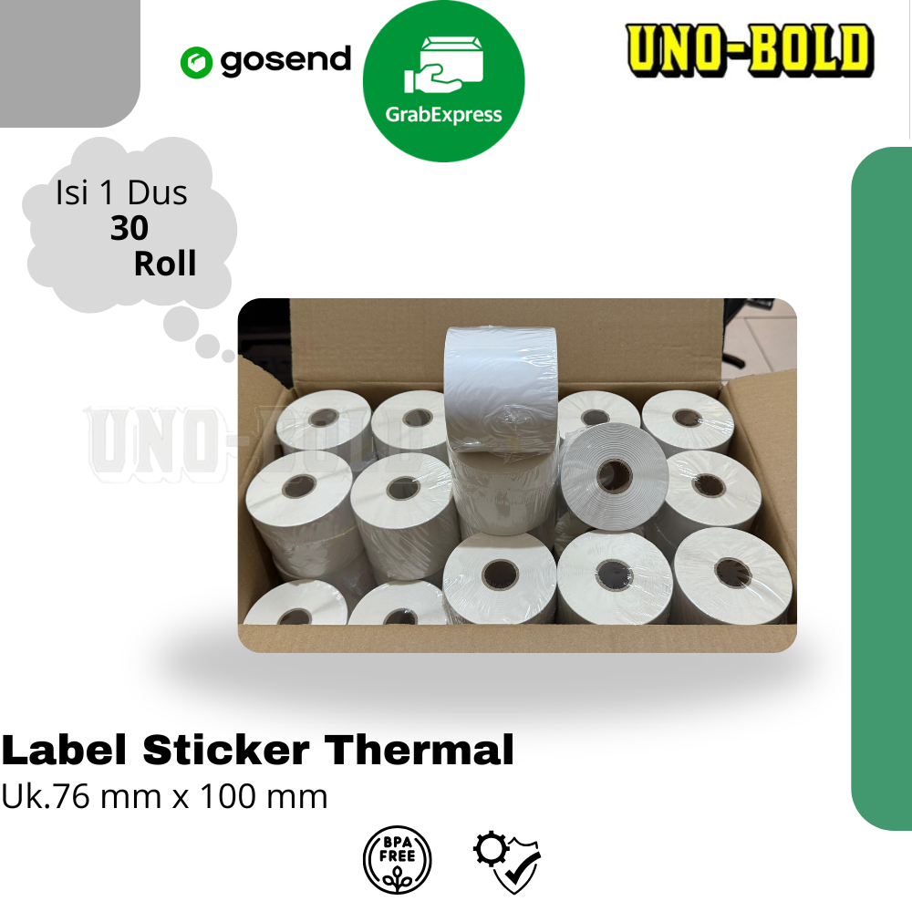 

LABEL STICKER THERMAL & CONTINOUS PAPER THERMAL 76 X 100 mm" isi 500pcs (1dus isi 30 Roll)