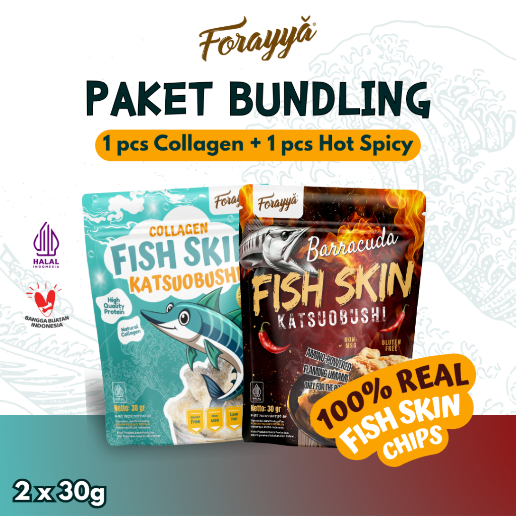 

Paket Bundling Fish Skin Chips Collagen & Spicy Katsuobushi 30gr - Keripik Kulit Ikan Cemilan Sehat Crispy Tinggi Protein Tanpa MSG