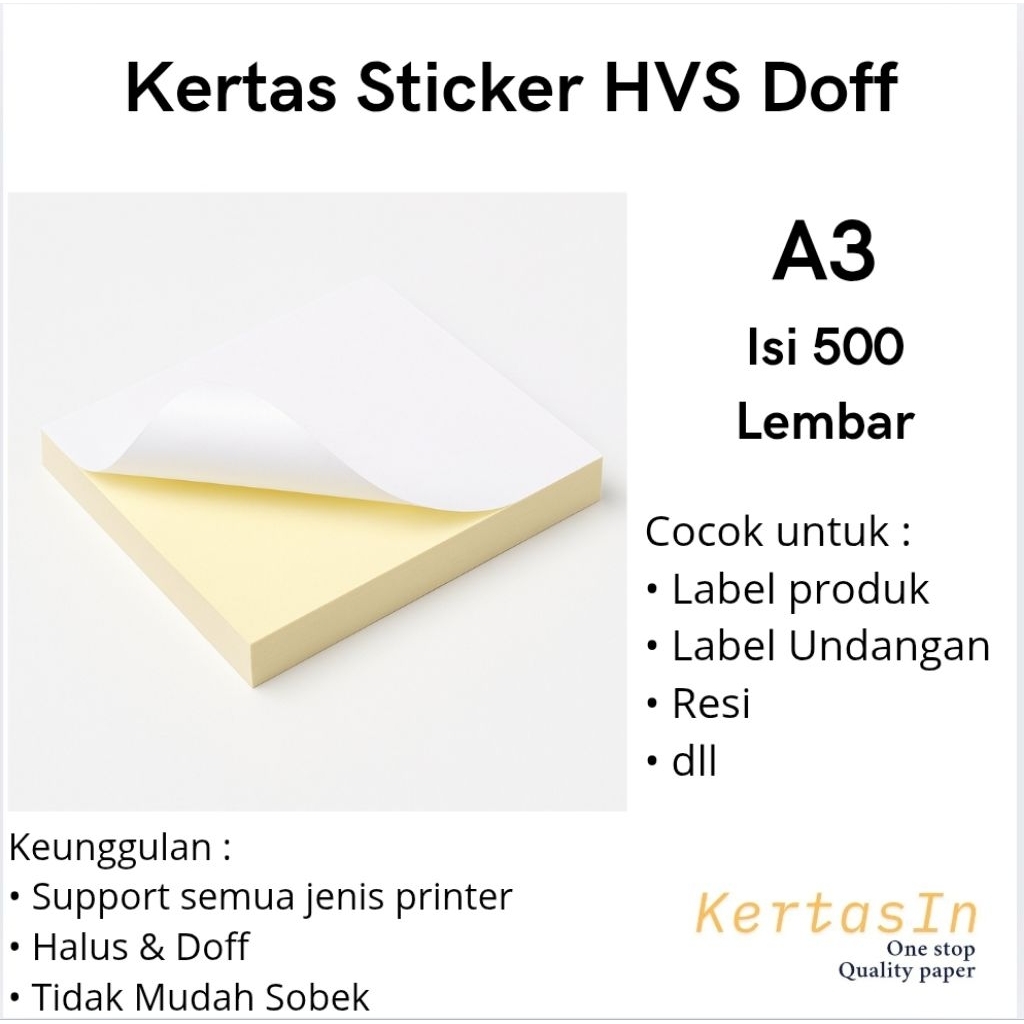 

Kertas Sticker HVS Doff A3 Isi 1 Rim / 500 Lembar | Sticker Label dan Undangan