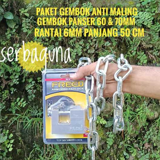 Rantai Besi Kapal 6mm + Kunci Gembok Panser / Gembok Stanless Anti Karat / Gembok Anti Maling Anti P