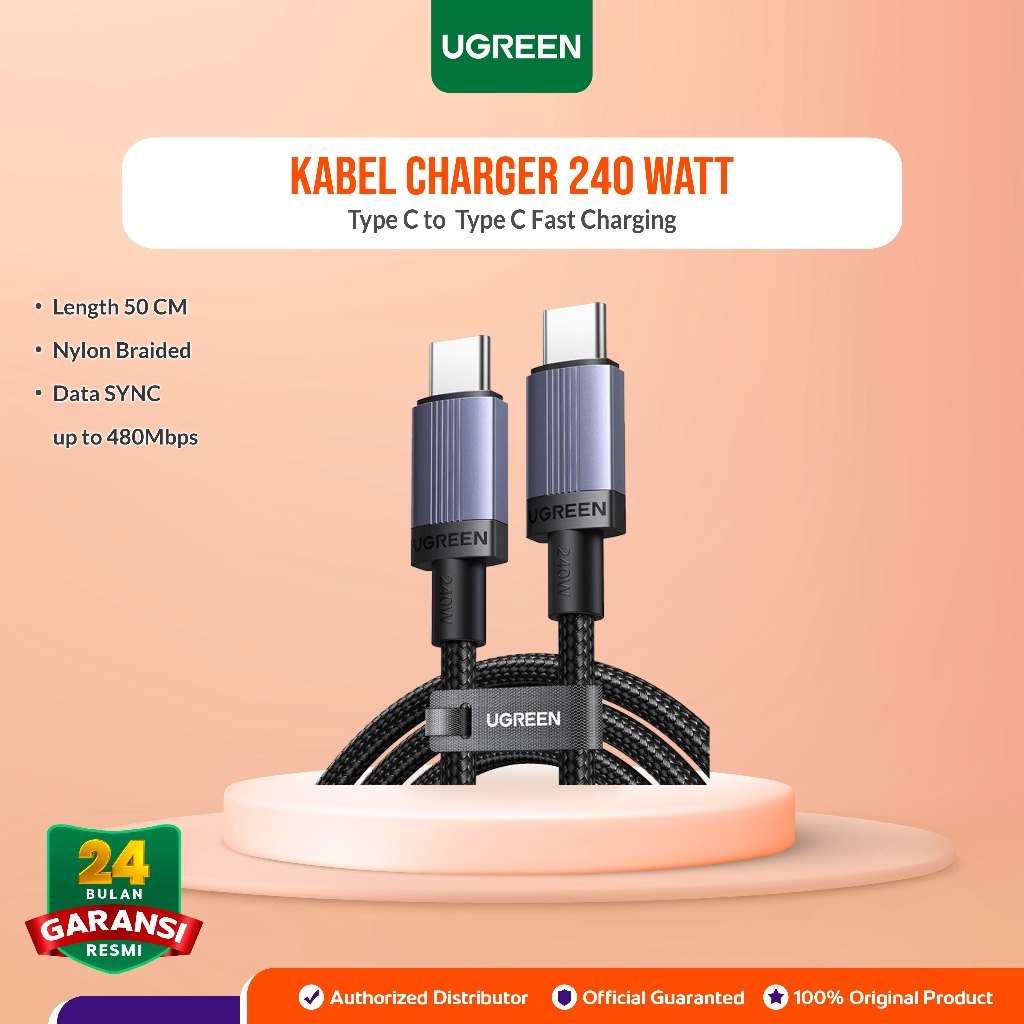 UGREEN 65906 Kabel Data Pendek Type C To Type C PD Super Fast Charging 2.0 5A 240W 50CM Cable Tipe C
