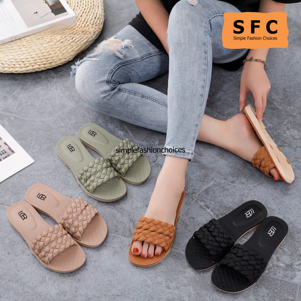 Sandal Wanita Selop Sandal Flat Wanita Karet Jelly Ban Dua Motif Kepang Kekinian SFC54