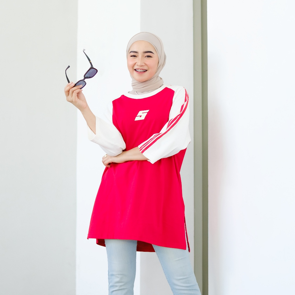 SURVIVE | tunik oversize wanita lengan 7/8 raglan merah kombinasi putih (Belong five)