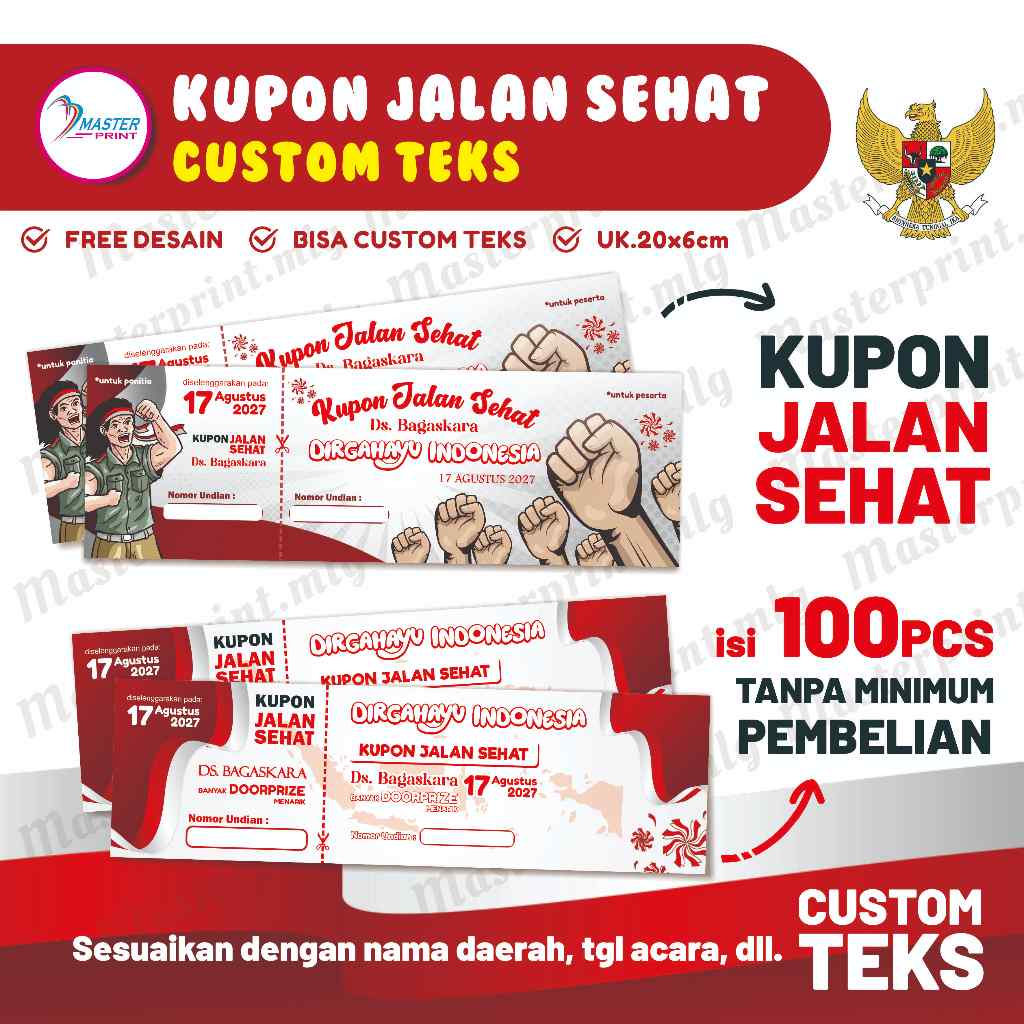 

[Mp88] 100PCS KUPON Jalan Sehat Custom Teks Tema HUT RI Kemerdekaan Indonesia