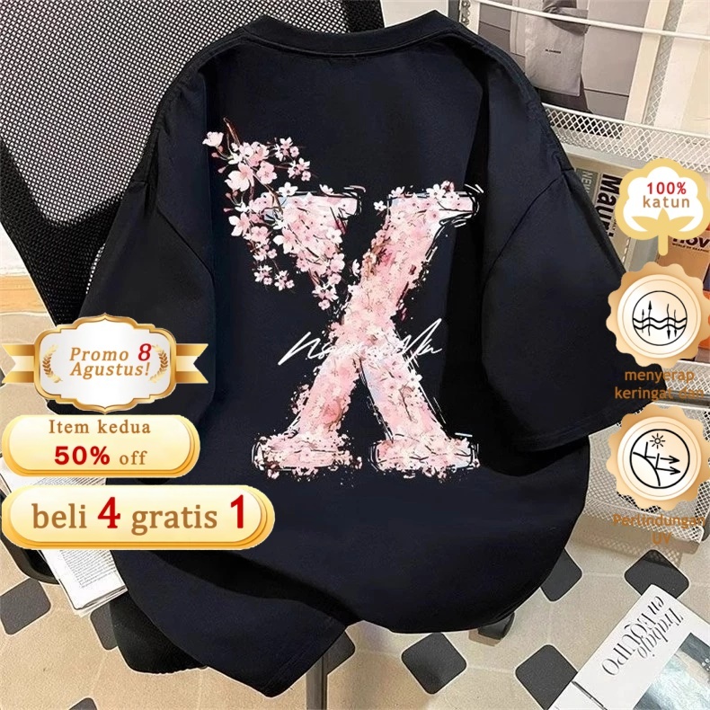 Kaos Unisex Model Tren Fashion 2025 Anti Penuaan Motif Bunga Indah Kain Katun Tipis Bernapas COD