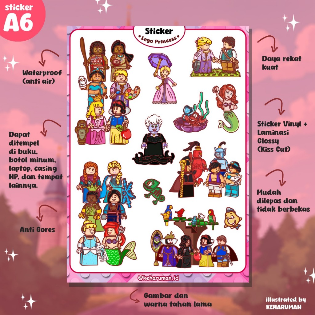 

Sticker Lego Princess Moana Ariel Cinderella Pochahontas Aurora Snow White Aladdin Disney
