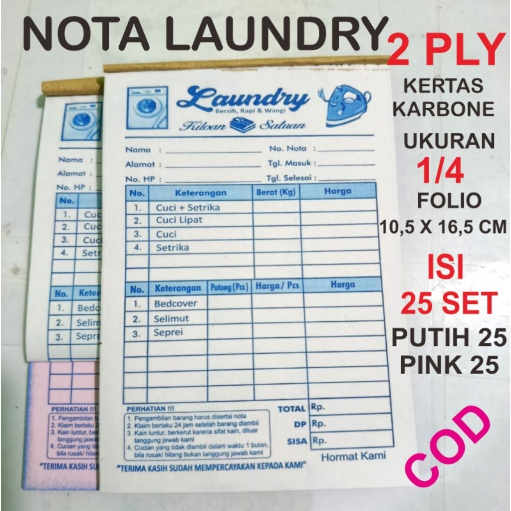 

nota laundry 2 ply ukuran 1/4 folio.10,5 x 16,5 cm isi 25 set / buku.READYSTOCK