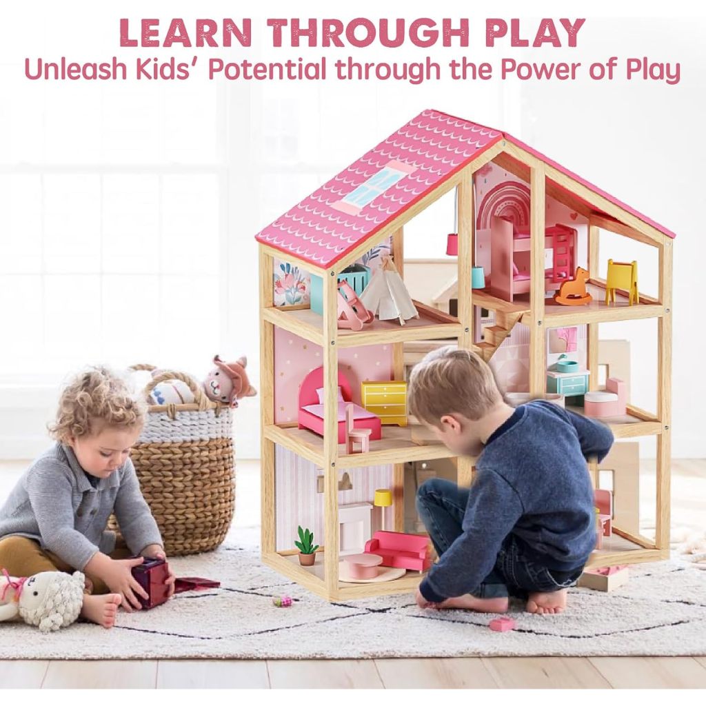 Rumah Boneka Kayu Tiny Land ASLI untuk Anak Perempuan - Rumah Boneka Kayu 6 Ruangan, Rumah Boneka