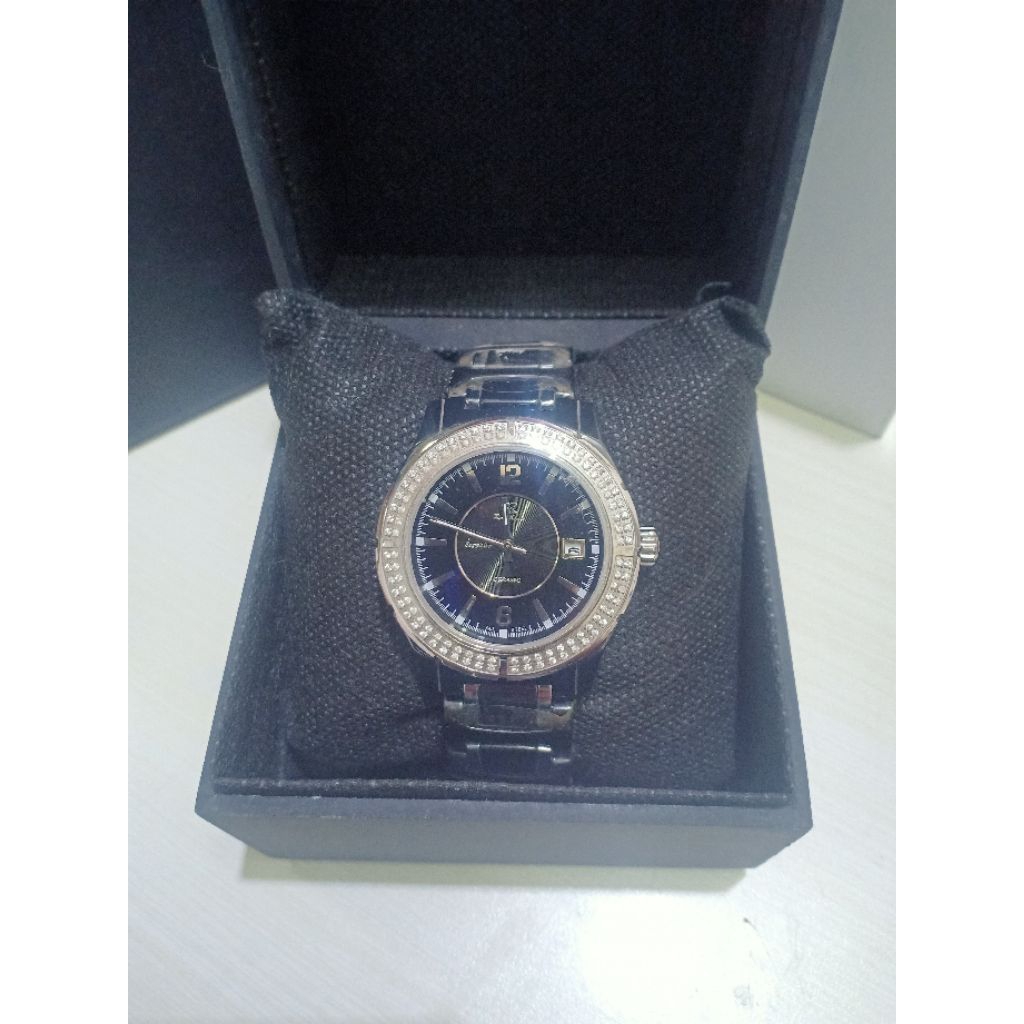 JAM TANGAN WANITA RAY RUCCI KACA ANTI GORES SAPPHIRE RANTAI KERAMIK HITAM WATER RESISTANT 3 ATM ORI